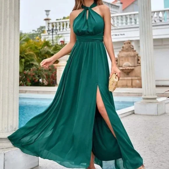 Criss Cross Tie Split Thigh flowy maxi Dress Green